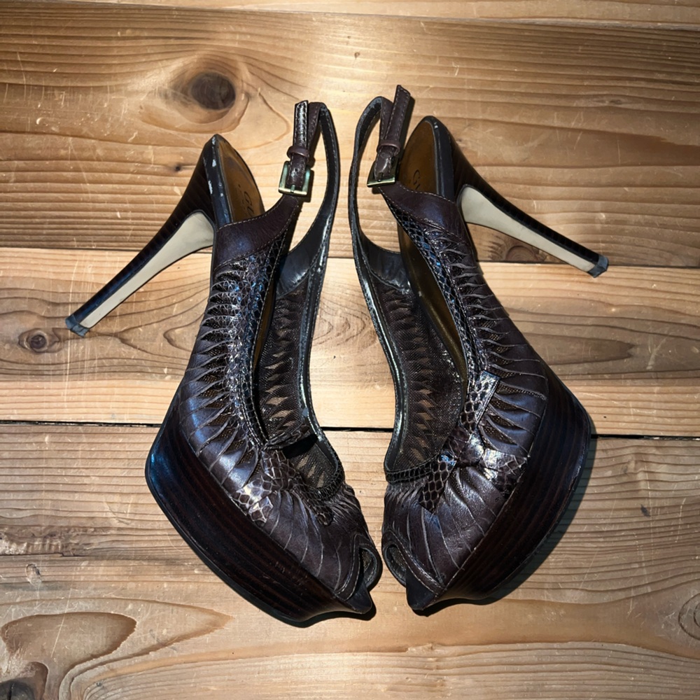 Guess Brown Leather Sling Back Platform Heels 🤎🤎